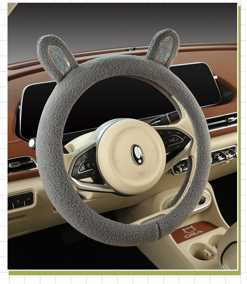 Plush steering wheel cover winter teddy velvet D-type cute cartoon car interior decoration girl protective cover warm handle cover