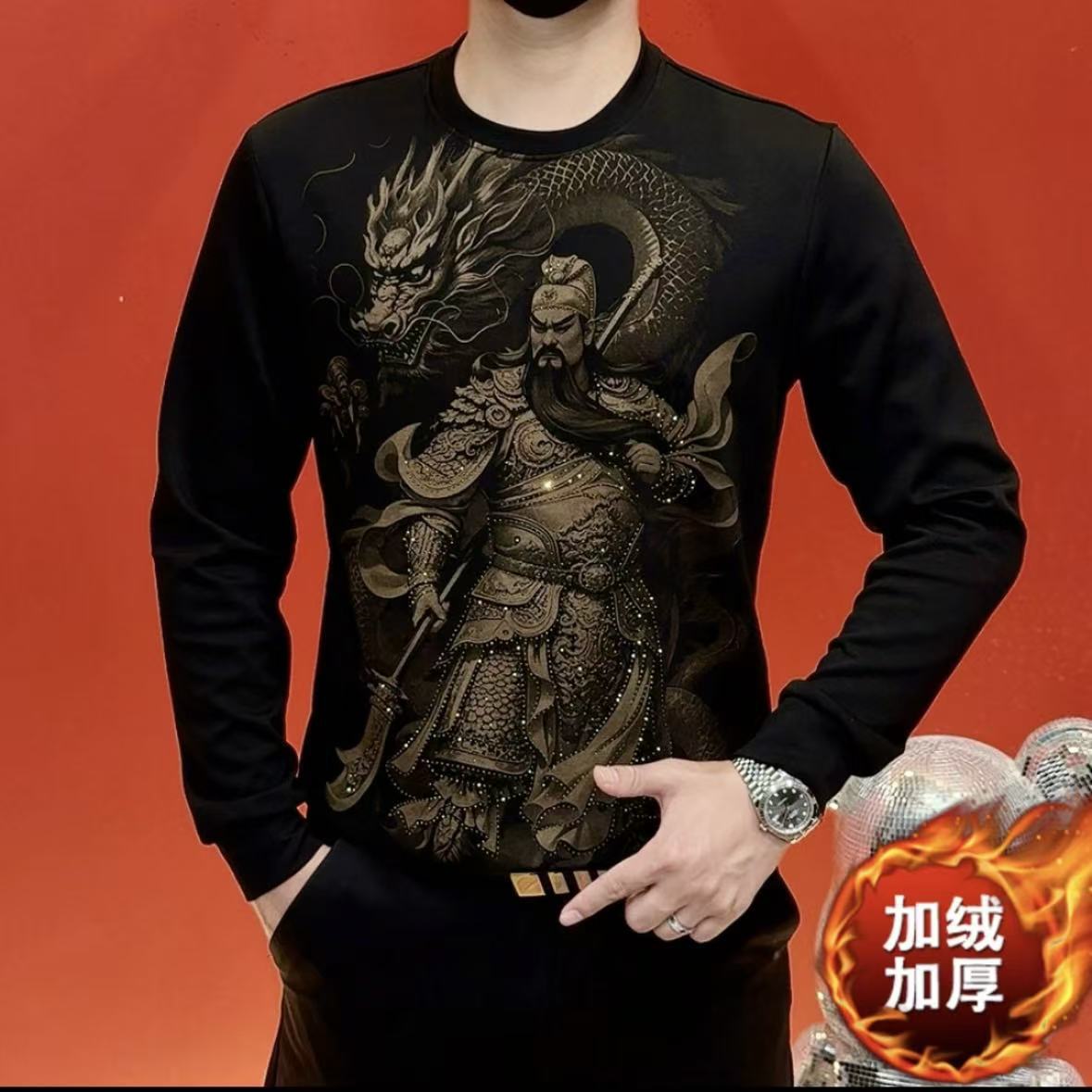 2025 New Autumn and Winter Men's European Hot Diamond Round Neck Long-Sleeved Velvet Fashion Sweatshirt to Keep Warm