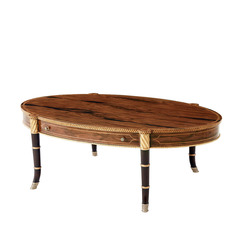 A neoclassical English-style Roman column round coffee table made of solid Alexander wood, carved and painted with an antique finish, for sample room display.