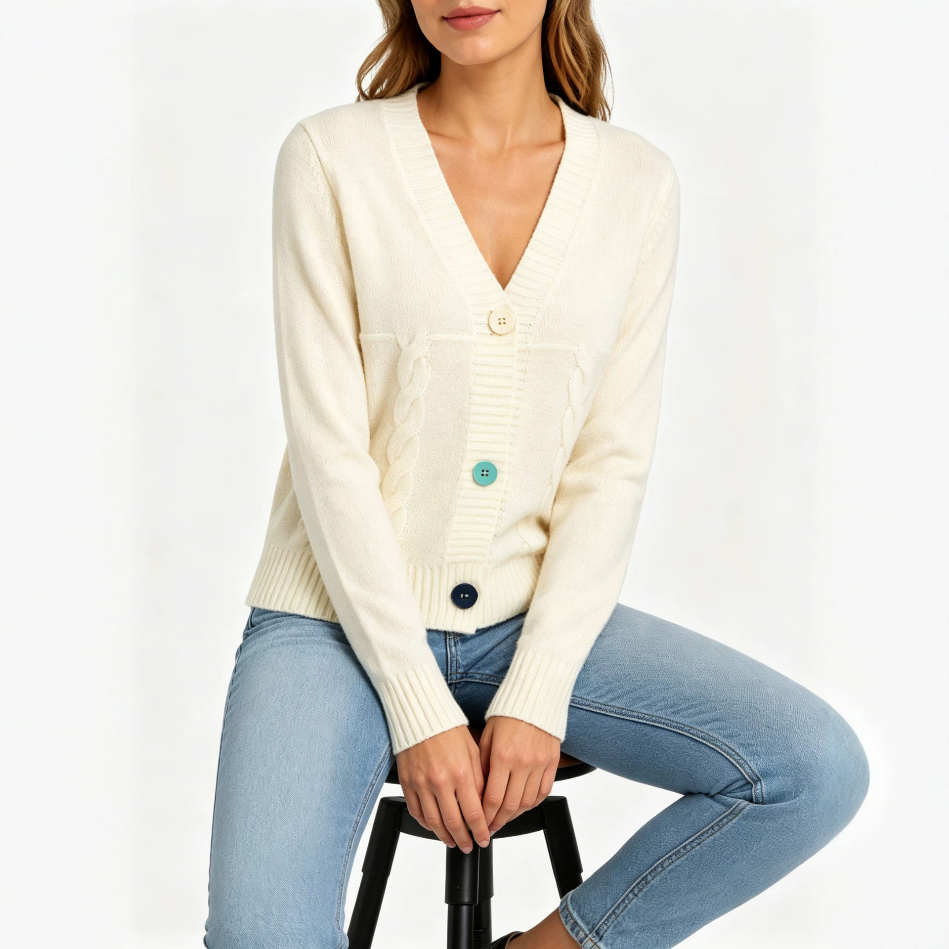 Colorful buttons V-neck twist knitted cardigan women's short soft waxy long-sleeved sweater coat autumn and winter versatile top