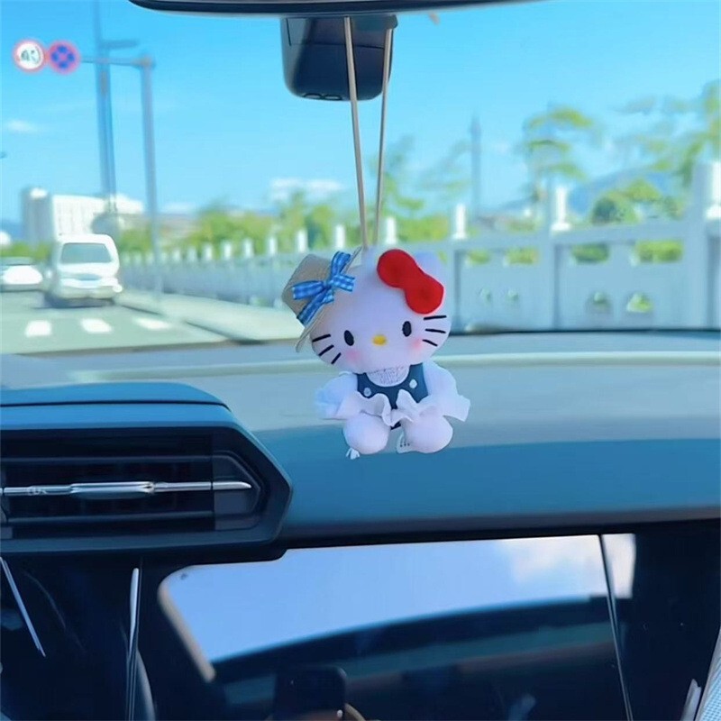 带草帽的Kitty车载挂件新款毛绒公仔汽车后视镜挂饰出风口夹摆件|undefined