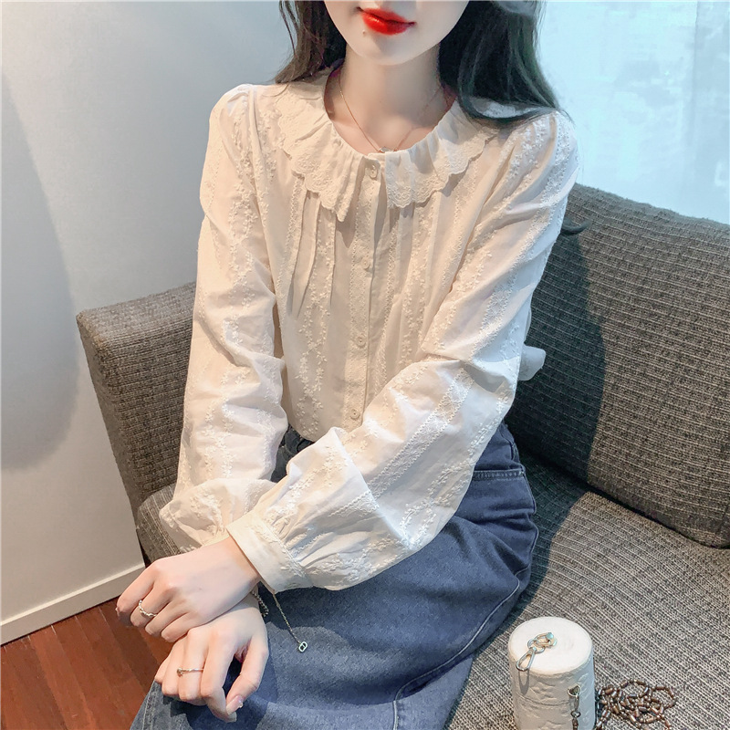 2025秋季新款内搭娃娃领长袖设计感显瘦甜美衬衫女打底上衣杏色|undefined