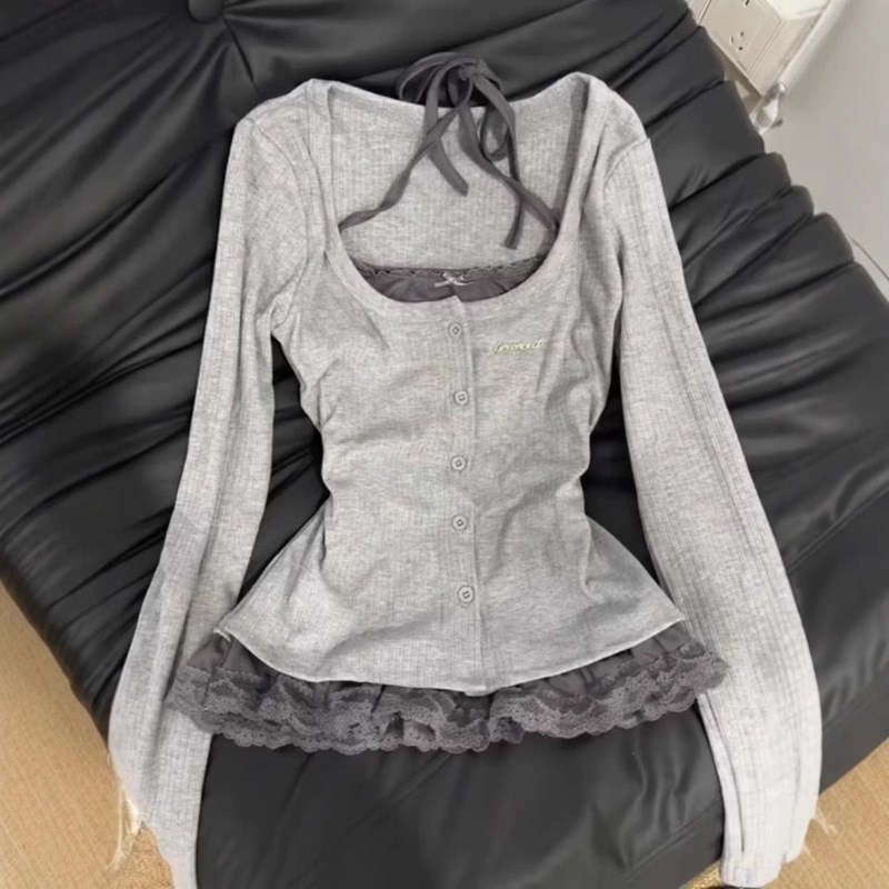 Plus Size Fat mm Sweet Sexy Fake Two-Piece T-Shirt Women's Spring Slim Elegant Design Lace Splicing Long-Sleeved Top