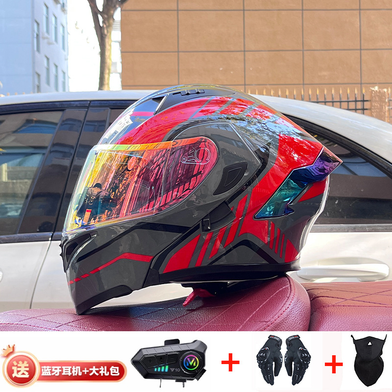 Casco de exposición Orz para hombres y mujeres invierno Doble espejo coche eléctrico semi-Casco completo cola de color coche deportivo ranura Bluetooth cuatro estaciones casco