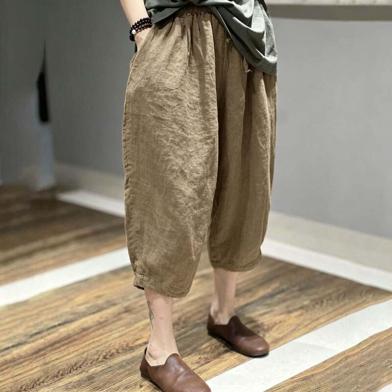 2026 Summer New Solid Color Cotton Linen Elastic Waist Cropped Pants Loose Retro Casual Harem Pants for Women 2026 Summer New Solid Color Cotton Linen Elastic Waist Cropped Pants Loose Retro Casual Harem Pants for Women