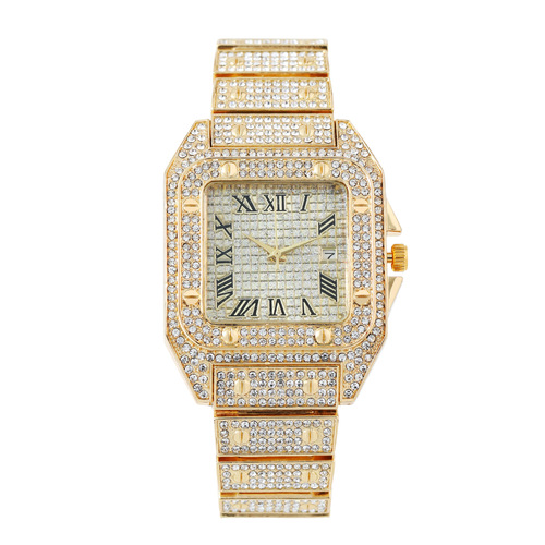 外贸跨境钢带镶钻嘻哈男士手表方形满天星罗马纹日历石英女表