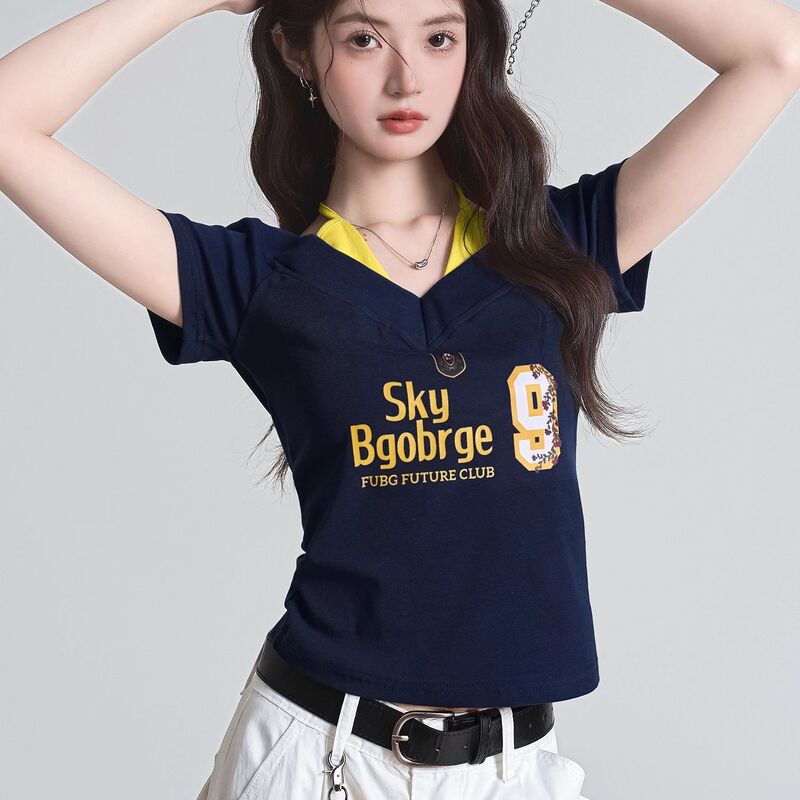 American Sexy Polo Collar Contrasting Color Right Shoulder Short-Sleeved T-Shirt Women's Summer Design Asymmetrical Slimming Look Short Top American Sexy Polo Collar Contrasting Color Right Shoulder Short-Sleeved T-Shirt Women's Summer Design Asymmetrical Slimming Look Short Top