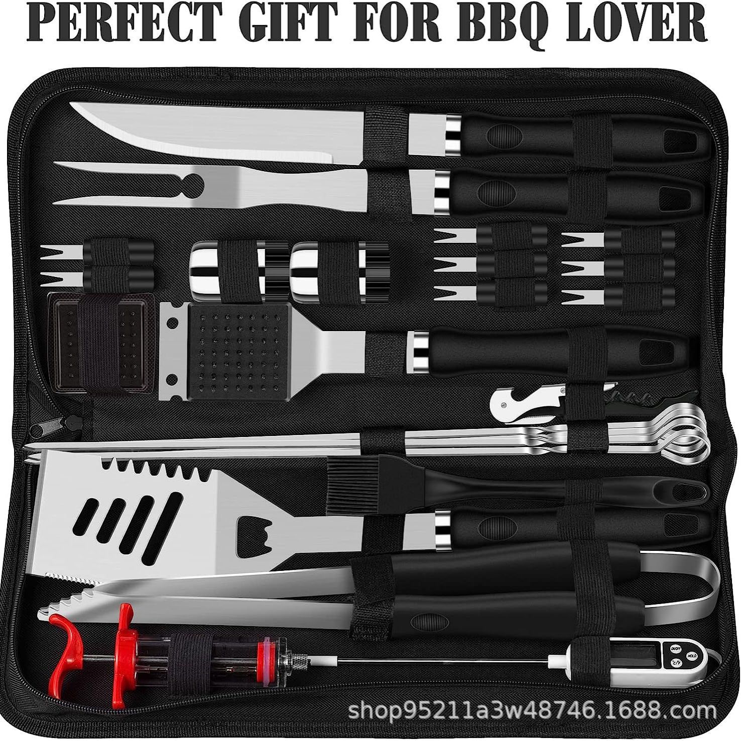 Exportación de Amazon acero inoxidable BBQ al aire libre herramientas de parrilla multifuncional paquete de parrilla combinado conjunto de bolsa de lona