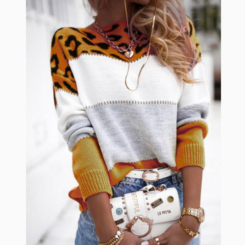 Leopard-print color matching round collar casual sweater autumn and winter new women's sweater women's pullover long-sleeved base shirt