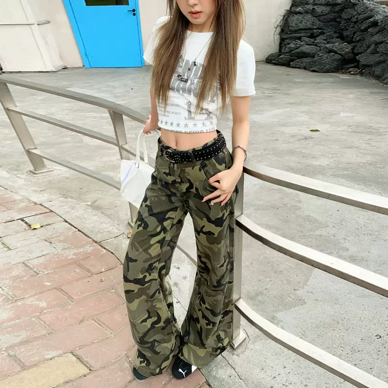 狸舍#迷彩微喇低腰不贴腿牛仔裤女2025夏季显瘦垂感阔腿喇叭裤