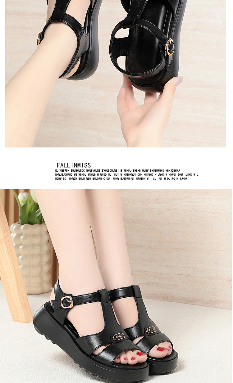 Sandal nữ đế dày quai chữ V da thật mềm đi biển mùa hè — Màu đen chi tiết 13
