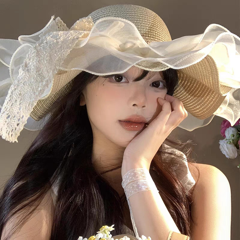 レースリボン大きなつば麦わら帽子 2025 新しい海辺のビーチ日焼け止め帽子女性の美しい日よけ帽子|undefined