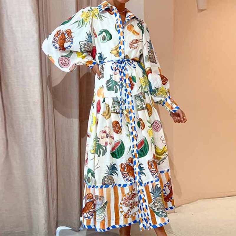 315g Weight Maxi Long Dress Dress Length Type Wholesale Women's Vintage Style Ethnic Style Printing Printing Travel Turndown Long Sleeve Swing Dress