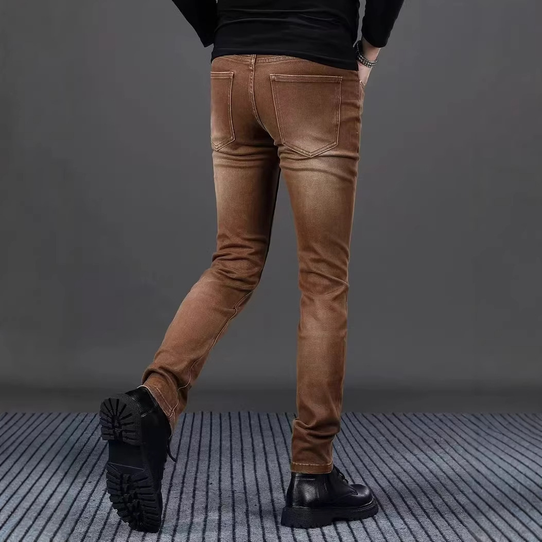 Men's Coffee Colored Slim Fit Jeans Casual Spring Style mid Waist Cotton Long Pants Black Gray Blue Wide Leg Skinny Jeans_voghion.com