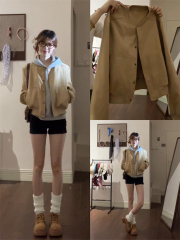 卡其色正肩夹克短款外套女早秋季棒球服韩系巴恩风穿搭小香风上衣