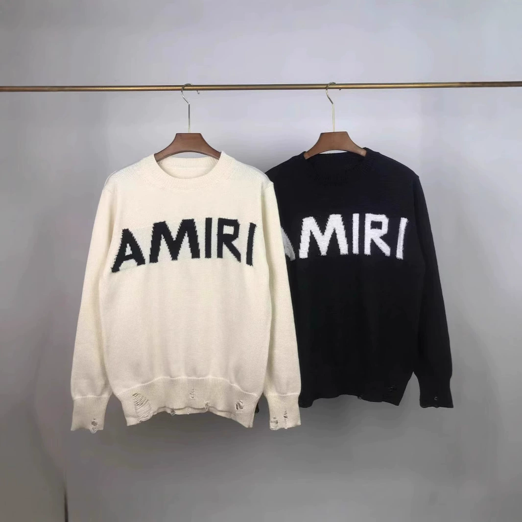 24ss трансграничный стиль бренд AMIRI осень-зима футболка с круглым вырезом для мужчин и женщин, тот же стиль универсальная надпись жаккард бахрома распоротый дырка стиль