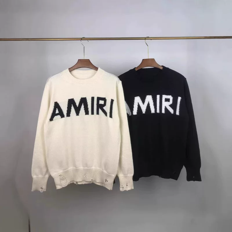 24ss трансграничный стиль бренд AMIRI осень-зима футболка с круглым вырезом для мужчин и женщин, тот же стиль универсальная надпись жаккард бахрома распоротый дырка стиль