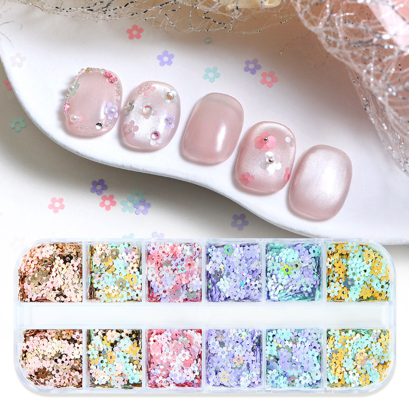 12-Compartment Box of Light-Colored Small Flower Japanese and Korean Nail Art Sequins 4mm Colorful Mixed Flower-Shaped Glitter Nail Accessories Cross-Border