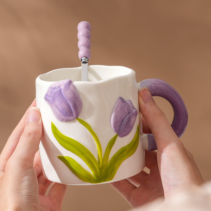 Taza de Tulipanes de alto valor, taza de cerámica esmaltada, regalo del Día del Maestro, taza de agua doméstica para niñas
