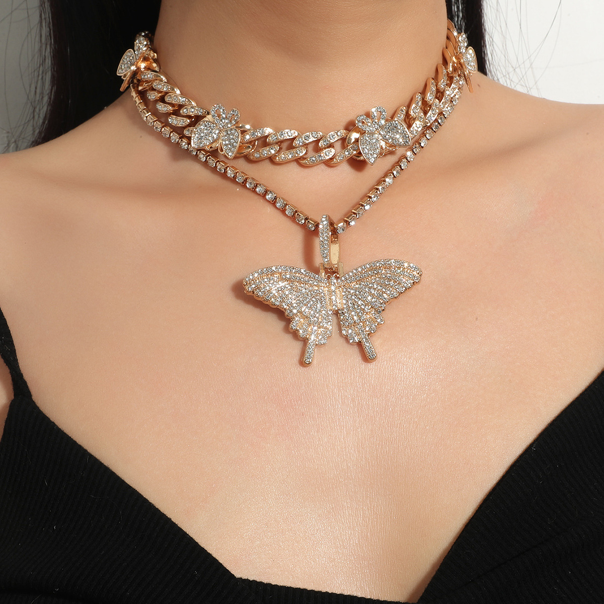Fashionable and personalized full diamond exquisite trend hip-hop butterfly necklace geometric Cuban set_voghion.com