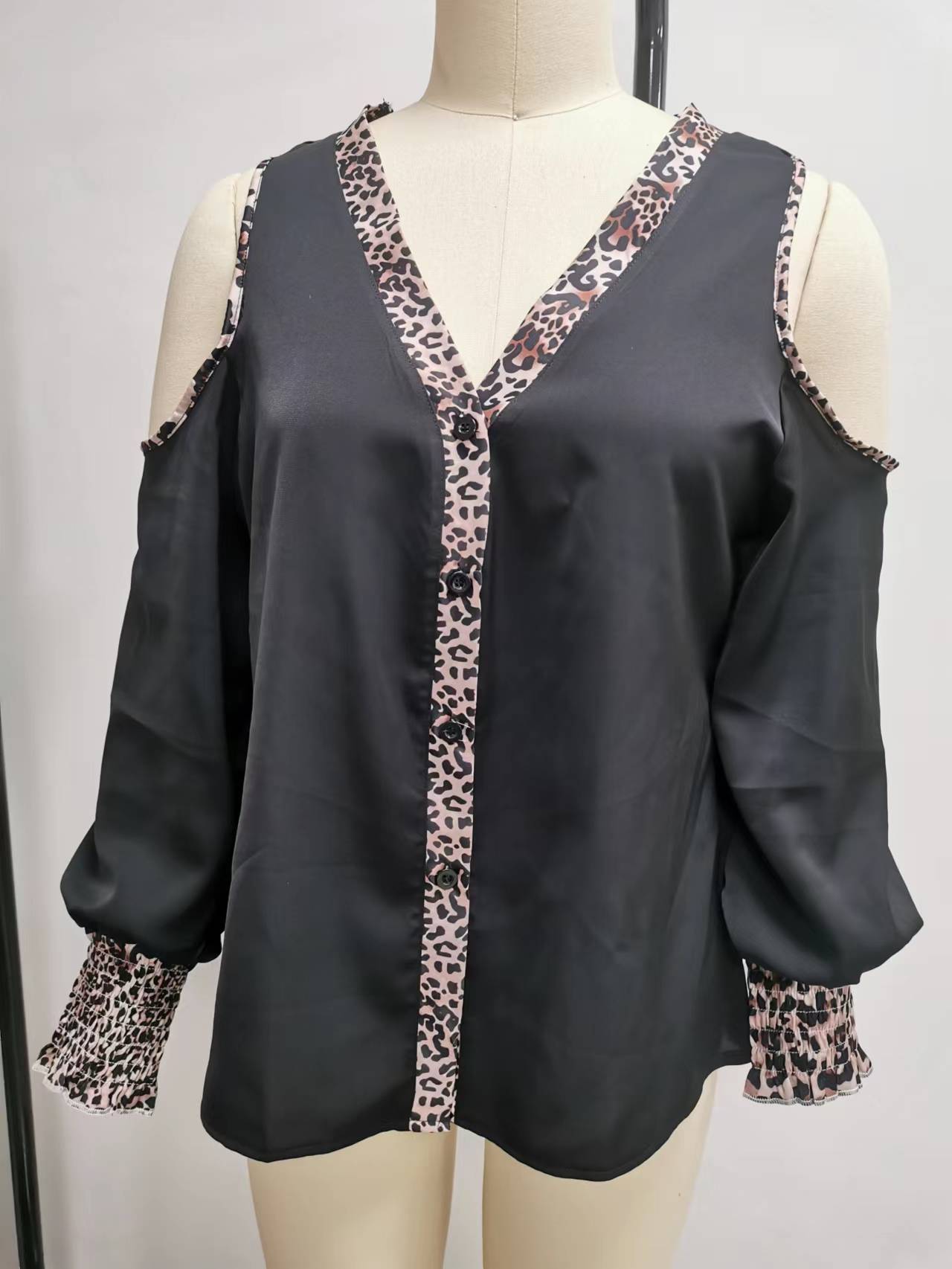 Blusa De Mujer De Manga Larga Con Retazos Estilo Vintage Bloque De Color Leopardo display picture 1