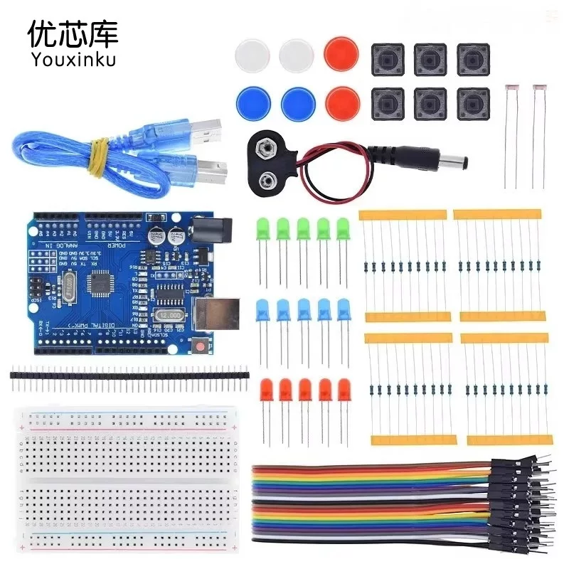 Starter Kit UNO R3 Mini 13-in-1, Breadboard & Components, LEDs, Cables (UNO Optional)