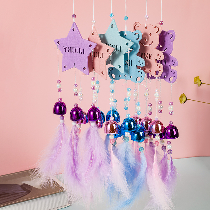 Feather Outdoor Five-pointed Little Bear Wooden Wind Chime Copper Bell Clear Sound Loud Indoor Hanging Door Restaurant Balcony Ornament