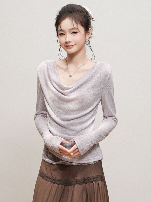 季优 紫色一字露肩蕾丝网纱拼接长袖t恤女2025早秋荡领高级感上衣|undefined