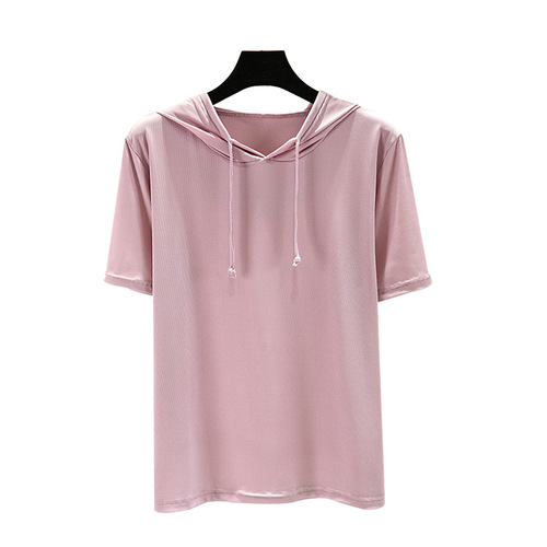 Women's Summer Thin Ice Silk T-Shirt, Color Block Hooded Short Sleeve Sweatshirt, Outerwear Loose Knit Top