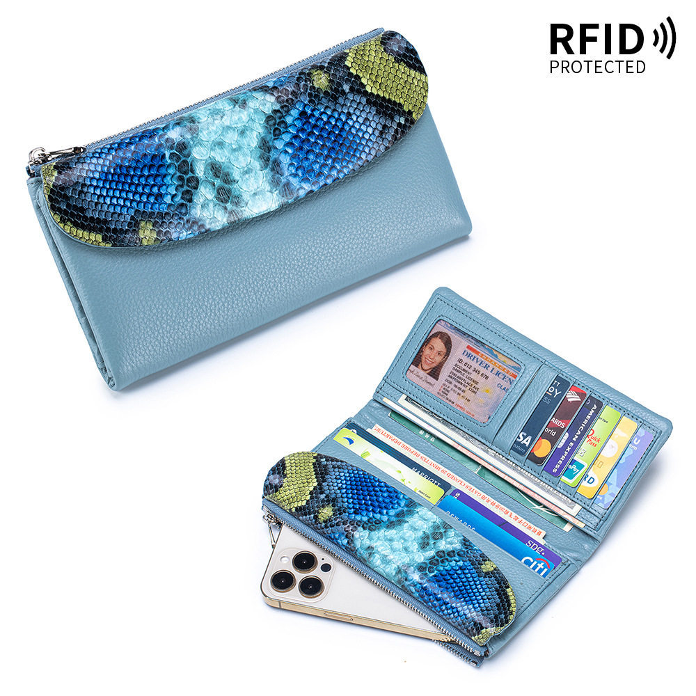 New Genuine Leather Women's Wallet Luxury Large Capacity Tri-fold RFID Soft Leather Snake-print Clutch - Thumbnail 8