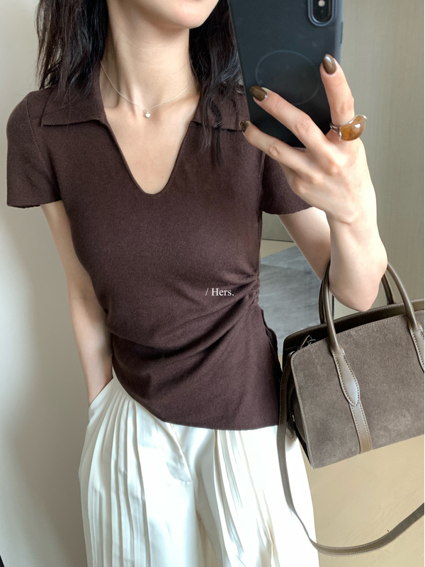 Hers一勺甜博主款简约气质调性百搭显瘦抽绳V领短袖针织衫女92226|undefined