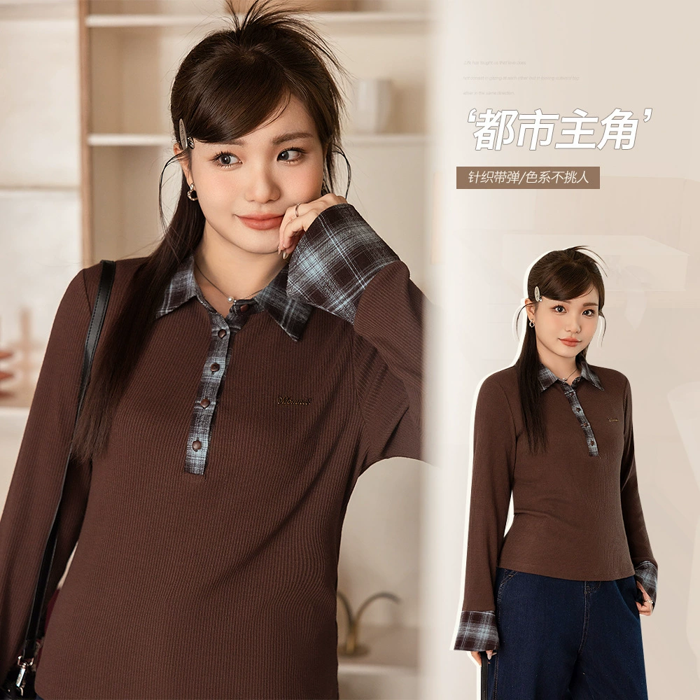 Американский ретро клетчатый свитер с лацканой толстый мм плюс размер дизайн тонкий, тонкий нижняя часть 65214