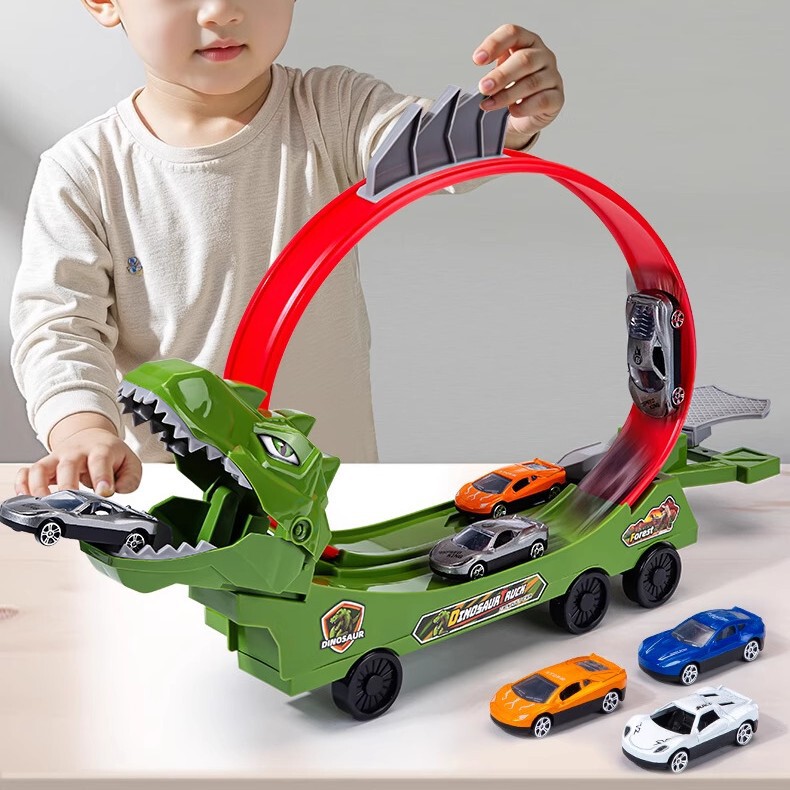 Cross-Border Amazon Children's Transforming Car Dinosaur Swallowing Car Boys' Racing Assembly Ejection Track Car Toy Set