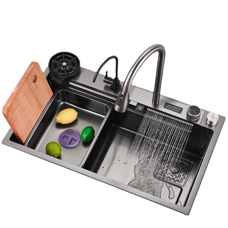 Fregadero de cocina grande de un solo tanque Feiyu Waterfall Pantalla digital Nano Acero inoxidable engrosamiento Lavado de verduras Fregadero Multifunción debajo del escenario