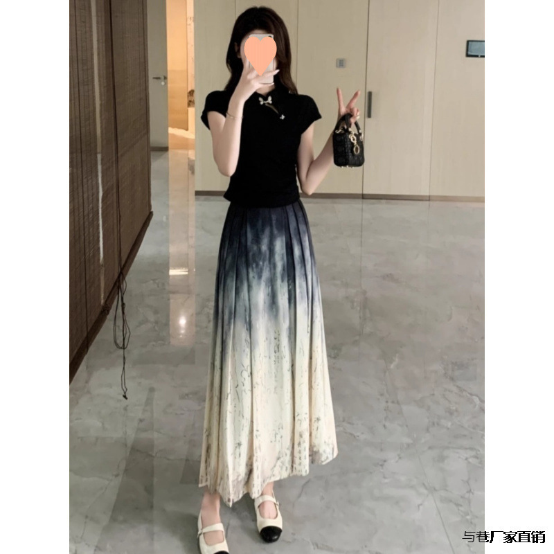 韓国の夏の新しい中国風のバタフライバックルスリム半袖トップ+水墨画スカートスーツ女性と路|undefined