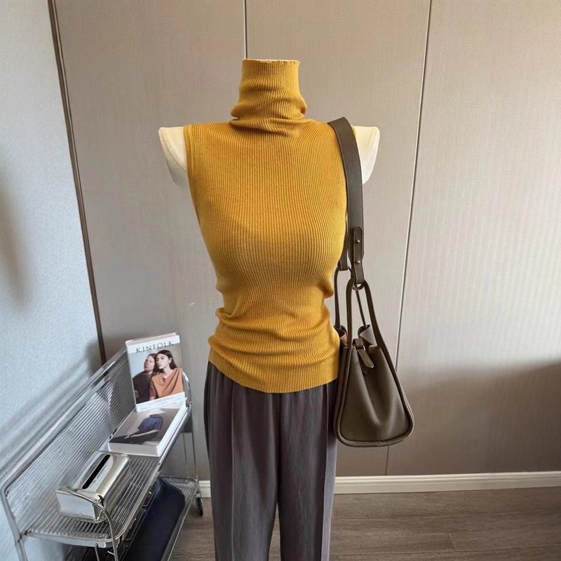 强推~简约堆堆领高领打底衫女修身无袖针织背心纯色气质内搭上衣|undefined