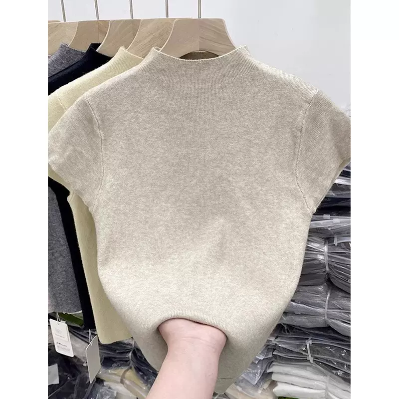 东莞市大朗早春新款女装半高领打底衫气质短袖针织衫修身短款上衣