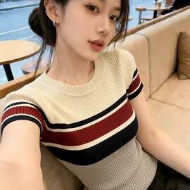 冰爽丝美式复古简约撞色条纹夏季短袖针织衫女气质圆领修身上衣