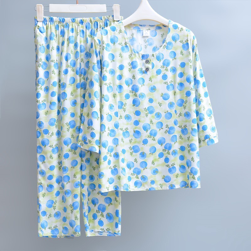 女性用綿シルクパジャマ、夏用薄手、中高年ママ、ゆったり綿シルクホーム服、七分袖お出かけスーツ|undefined