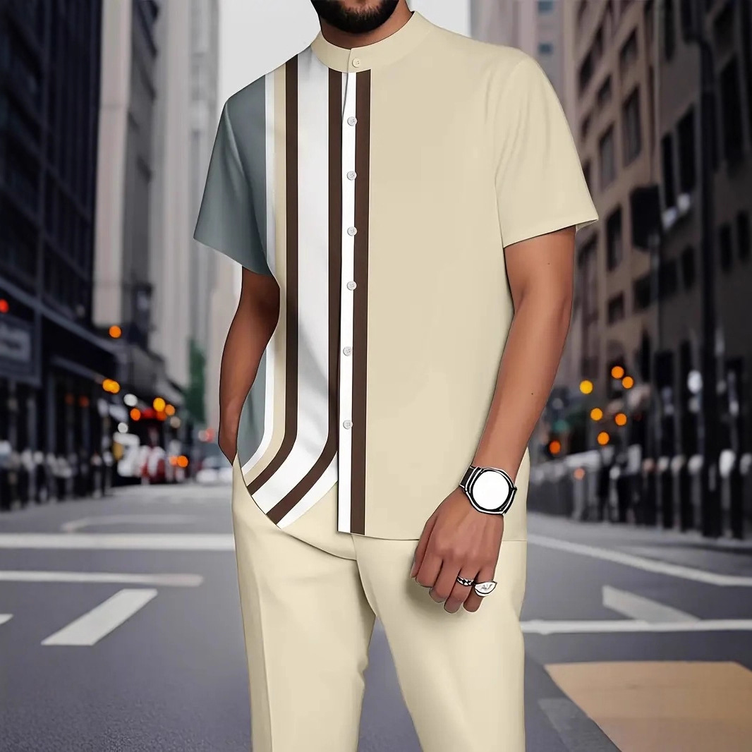 2025跨境新款春秋短袖衬衣3D印花立领宽松潮流休闲男士衬衫套装
