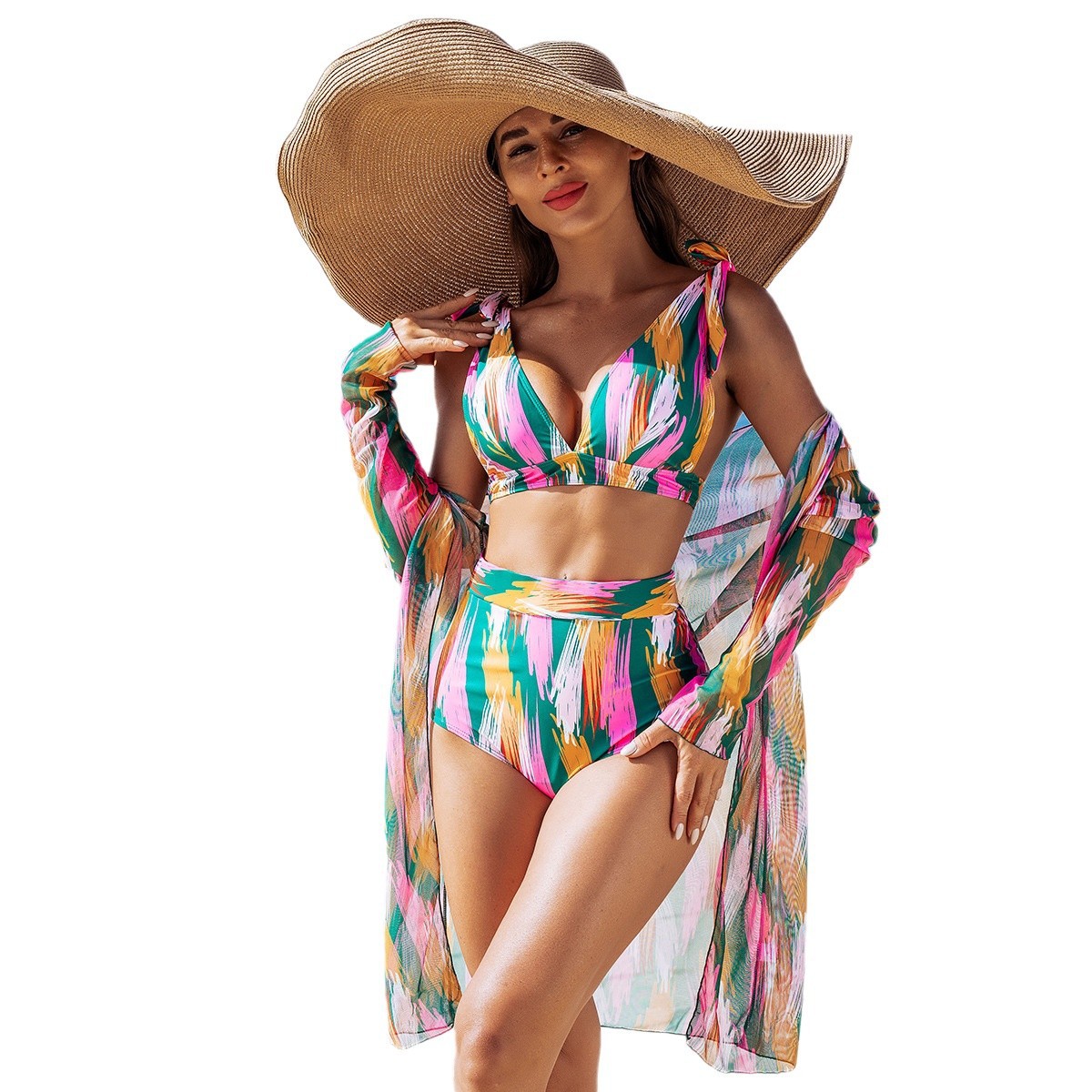 La nueva moda de alta gama sexy jersey de malla multicolor de tres piezas bikini bikini