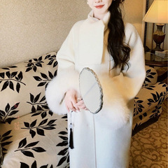 羊毛双面呢大衣外套女2025新秋冬狐狸毛袖口羊绒留洋富家千金风