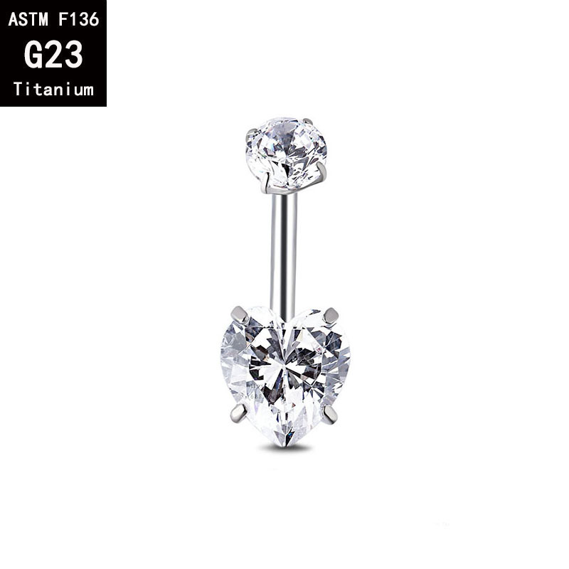 F136 Titanium Alloy Internally Threaded Navel Ring with 5A Zircon Ends - G23 Titanium Heart Rhombus Belly Button Ring detail image 7