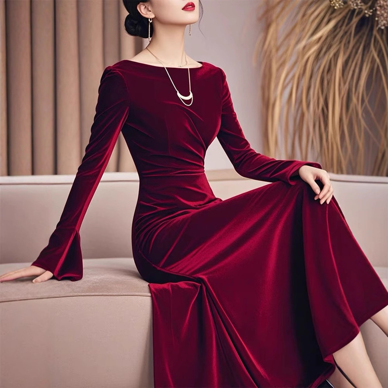 Benmingnian French High-end Refined Elegant Ancola Red Velvet dress Autumn and Winter High-end Evening Dress Long Dress