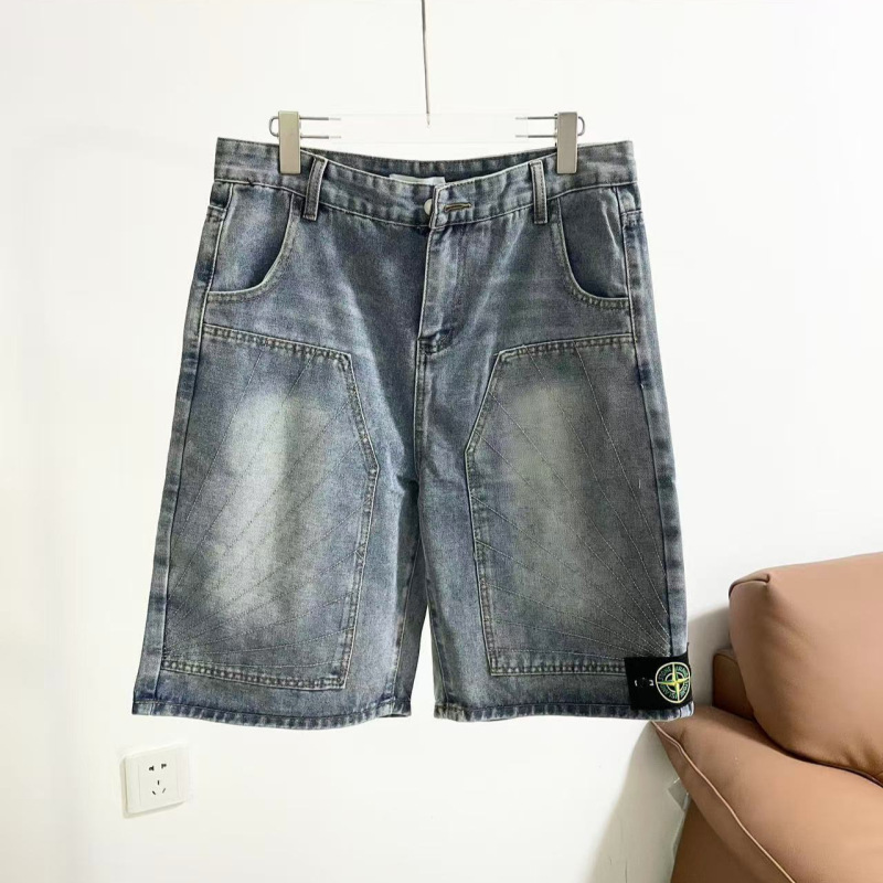 Stone Island Seven-Point Craft-Style Badge Denim Shorts, Seven-Point Pants Style, Flattering for Both Men and Women