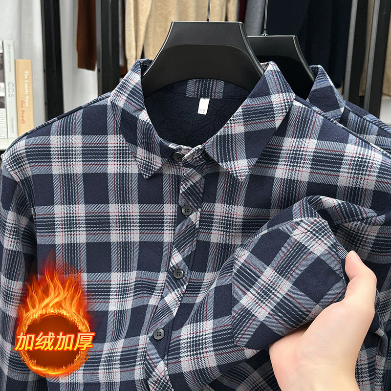 2025 New Autumn and Winter Men's Velvet Thickeneded Shirts, Fashionable Casual Lapel Plaid Long-Sleeved Shirts for Middle-Aged and Elderly People