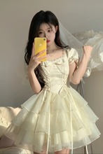 现货蝴蝶结提花欧根纱仙女感连衣裙女夏季新款在逃公主蓬蓬短裙子