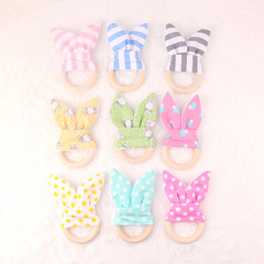 Colorful cotton rabbit ear wooden circle baby teether cross-border foreign trade children's dental practice toy hand wooden circle
