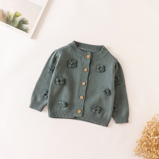 Autumn 2022 Baby Girl 0-3 Years Old Handmade Flower Knitted Cotton Jacket Crewneck Sweater Cardigan