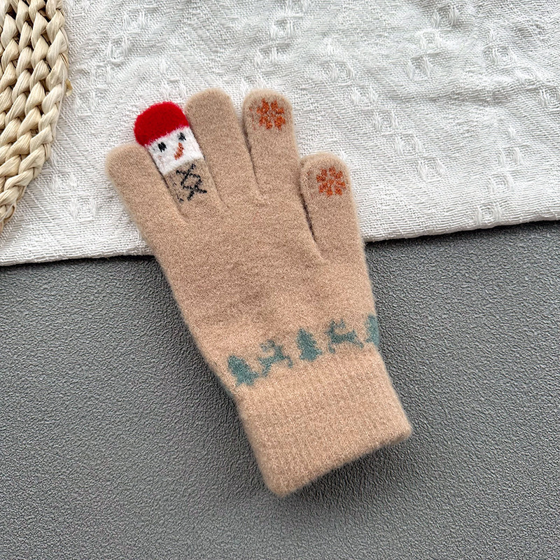 女性用ウール手袋、冬のかわいい雪だるまニット、タッチスクリーン、厚くて暖かい、サイクリング、5本指、冬用防寒綿|undefined